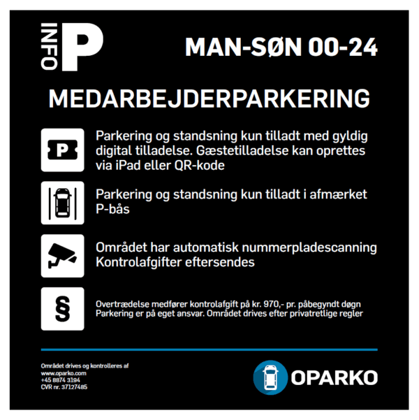 An example OPARKO parking sign: a purpose heading, opening hours, icon-led rules for permits, marked bays and ANPR, the fee amount, and the operator's contact details.